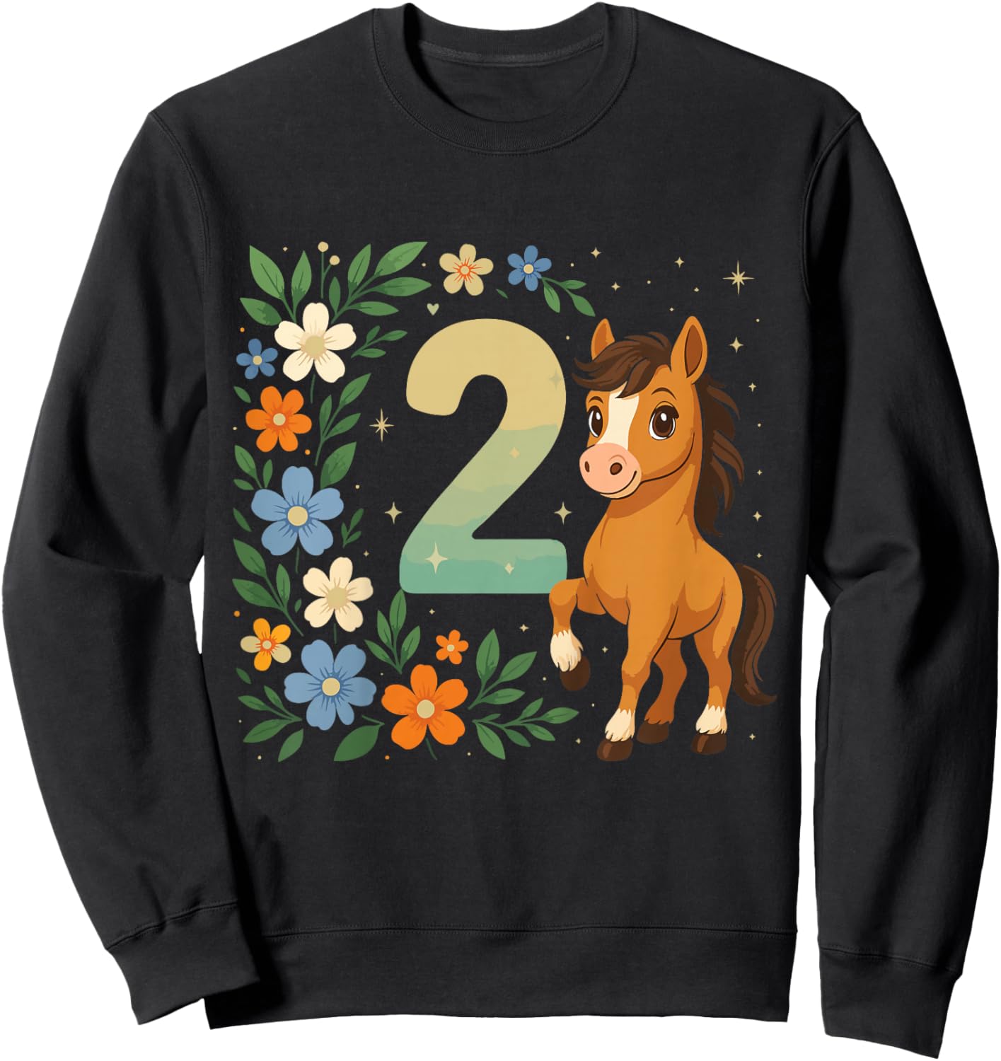 2nd Birthday Girl Pony Horse Flowers 2 Years Old Sweatshirt - Sweatshirt | Black