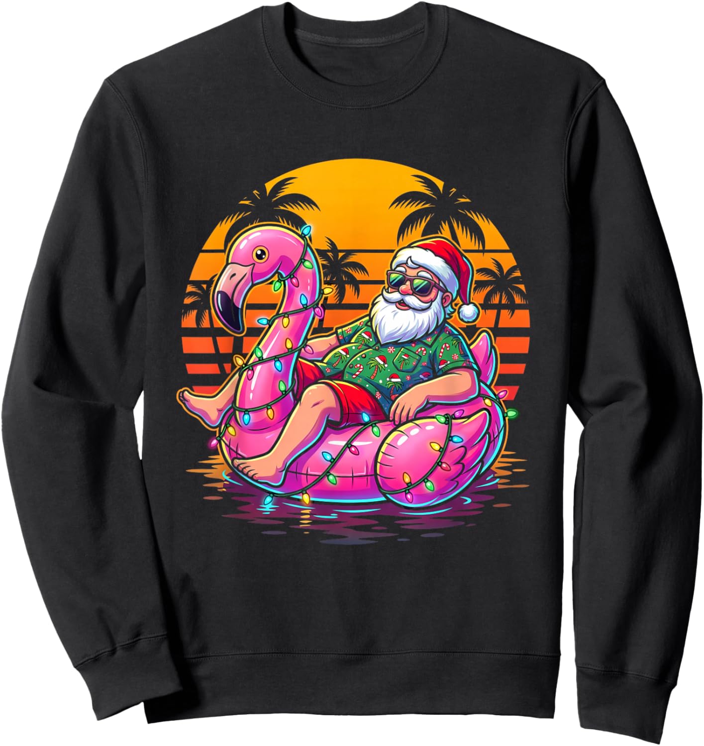 Christmas in July Santa Flamingo Float Summer Beach Xmas Sweatshirt - Sweatshirt | Black