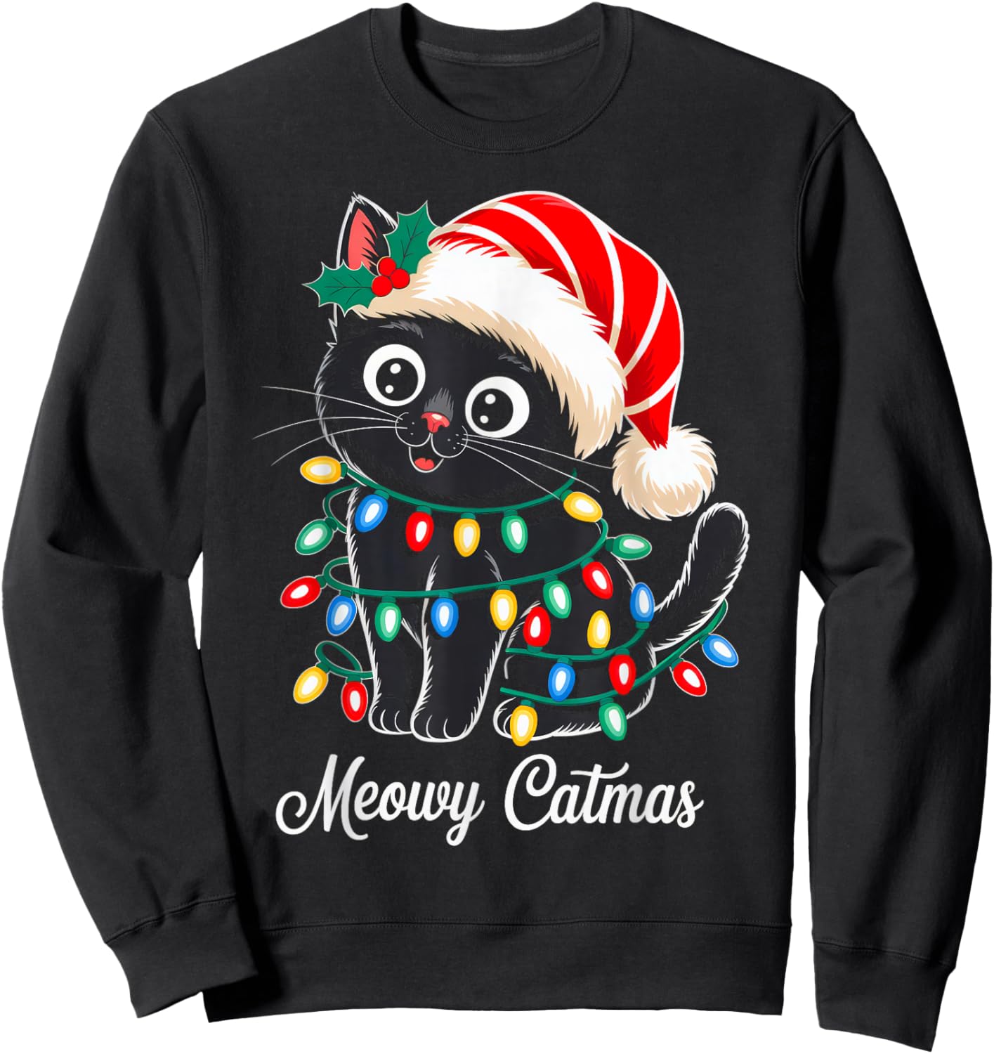 Cute Black Cat Christmas Lights Santa Hat Xmas Meowy Catmas Sweatshirt - Sweatshirt | Black