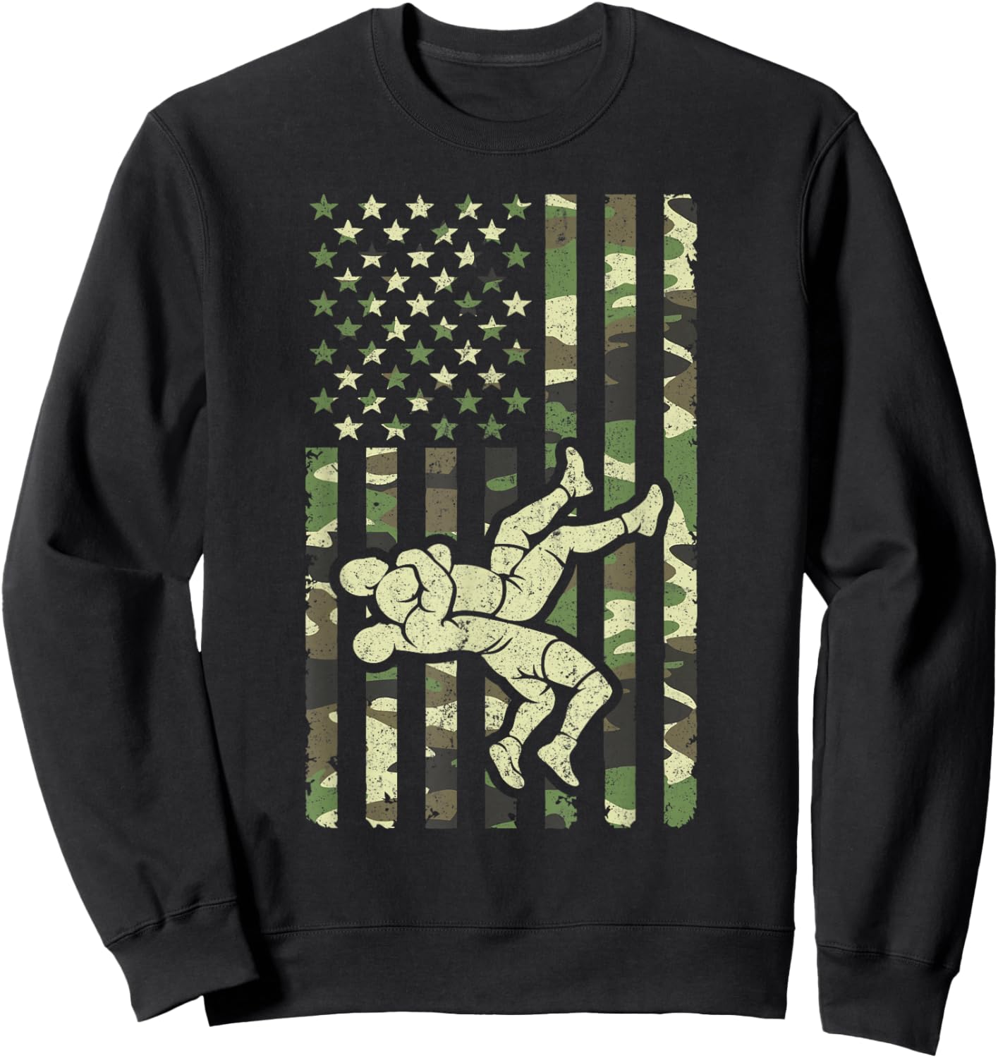 Vintage Wrestling Camo USA American Flag Patriotic Wrestler Sweatshirt - Sweatshirt | Black