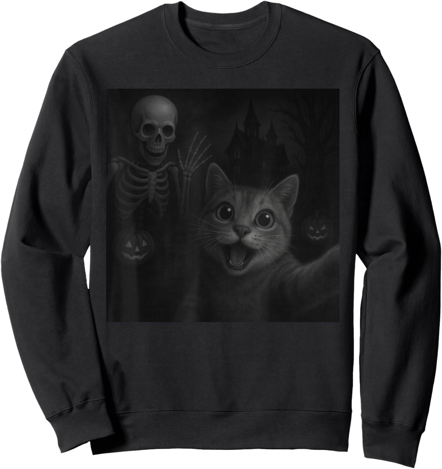Cat Selfie with Skeleton Halloween Funny Sweatshirt - Sweatshirt | Black