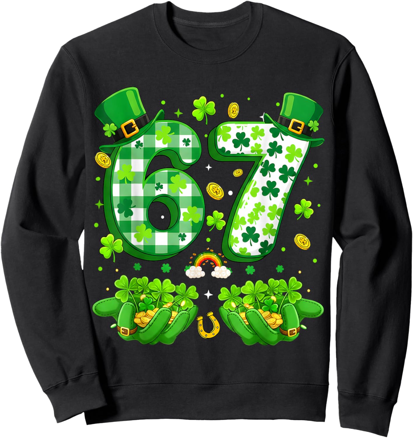 Funny Six Seven 67 Meme Shamrocks St Patrick's Day 6-7 Kids Sweatshirt - Sweatshirt | Black