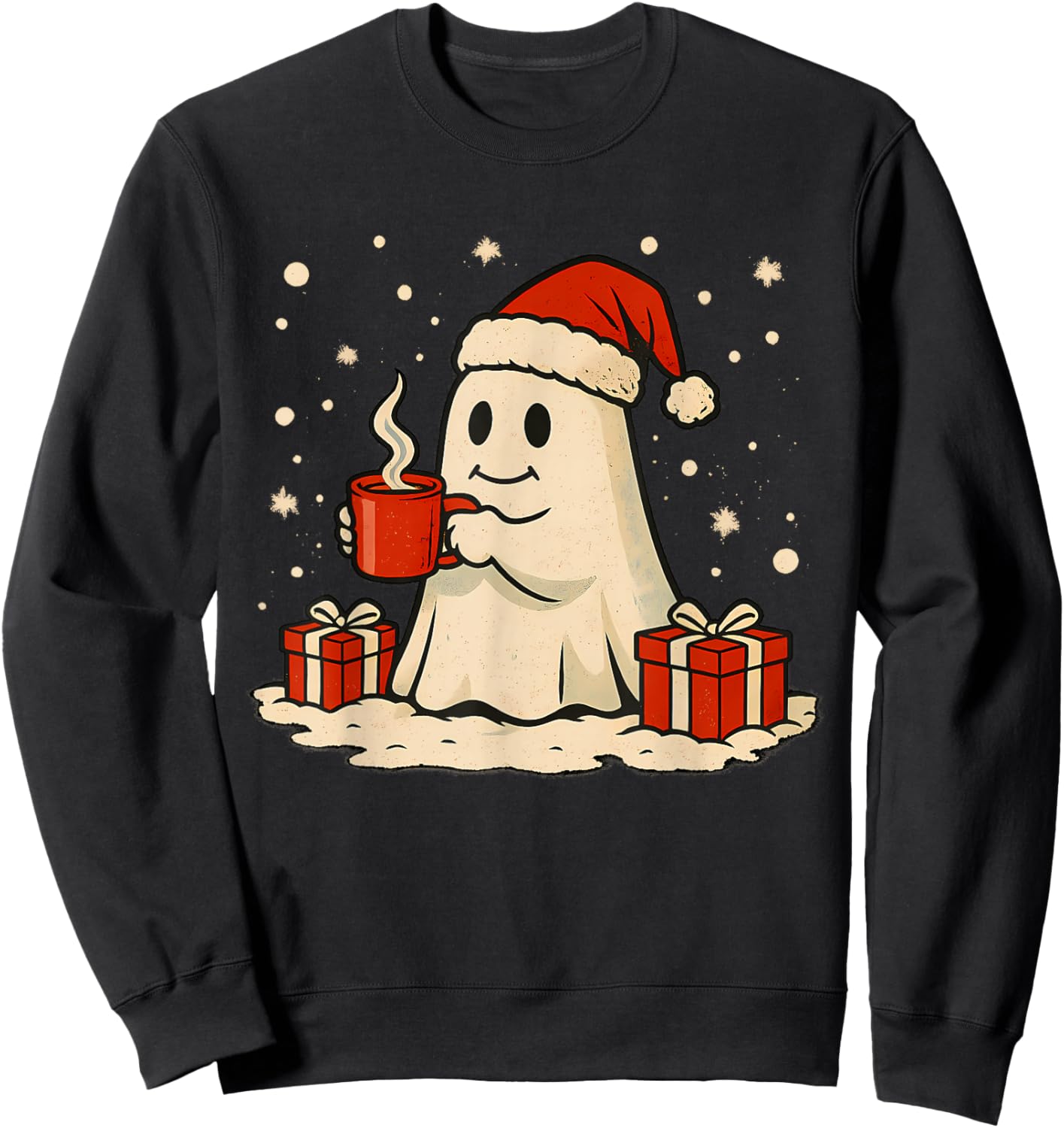 Cute Christmas Ghost Coffee Design Retro Holiday Spirit Sweatshirt - Sweatshirt | Black