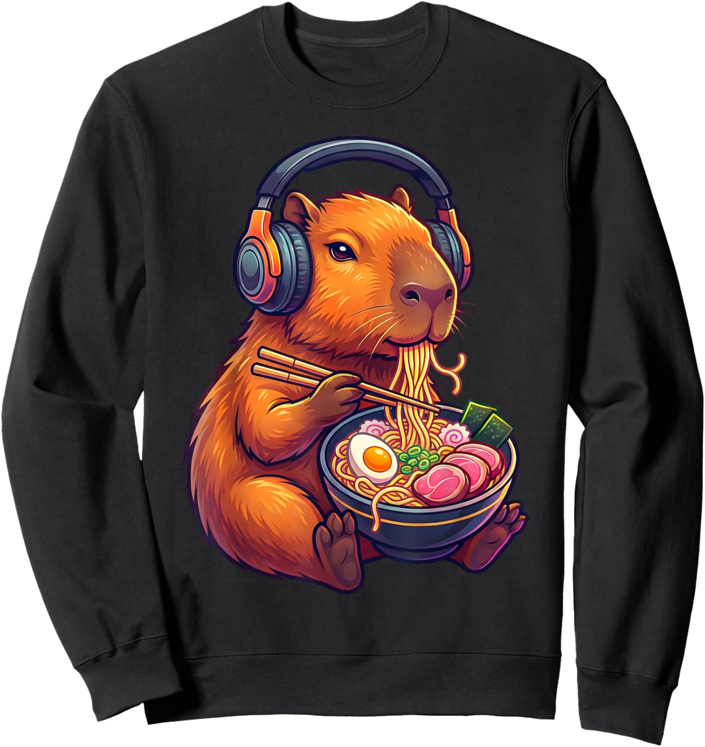 Funny Capybara Eating Ramen Noodles Japanese Men Women Kids Sweatshirt - Sweatshirt | Black