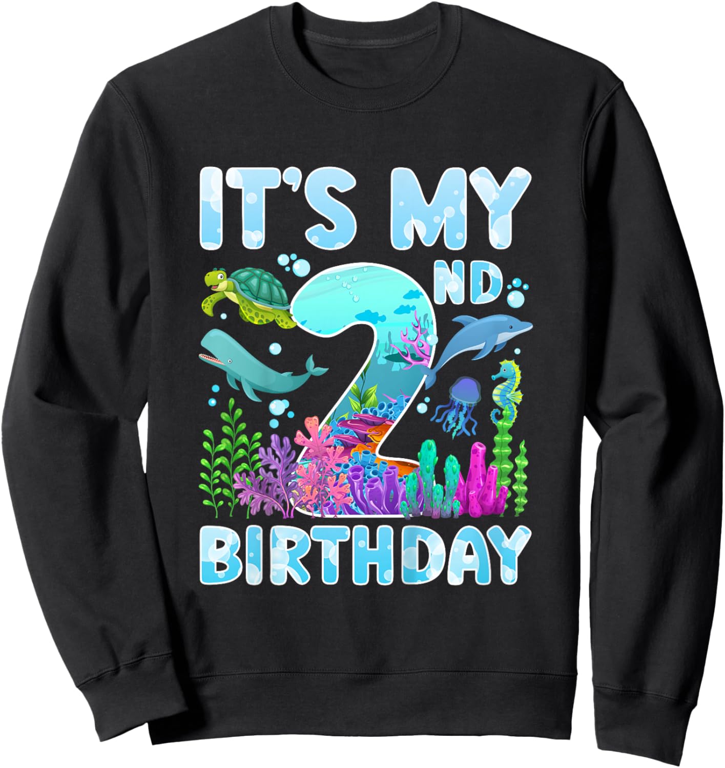 2nd Ocean Birthday Party Two Year Old Sea Animals Sweatshirt - Sweatshirt | Black