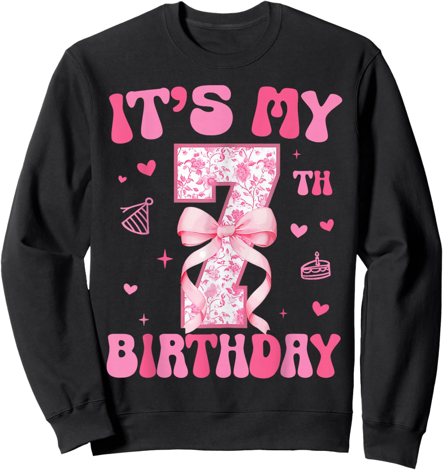 Its My 7th Birthday Girl Coquette Bow 7 Year Old Party Girl Sweatshirt - Sweatshirt | Black