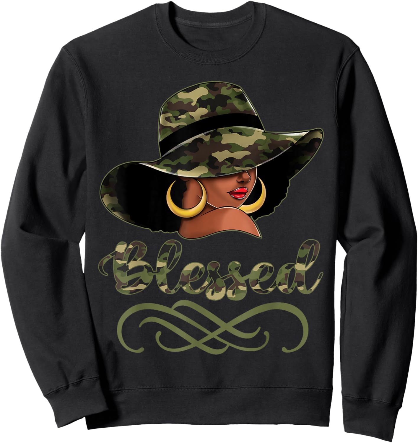 Blessed African American Black Woman Camo Hat Christian Sweatshirt - Sweatshirt | Black