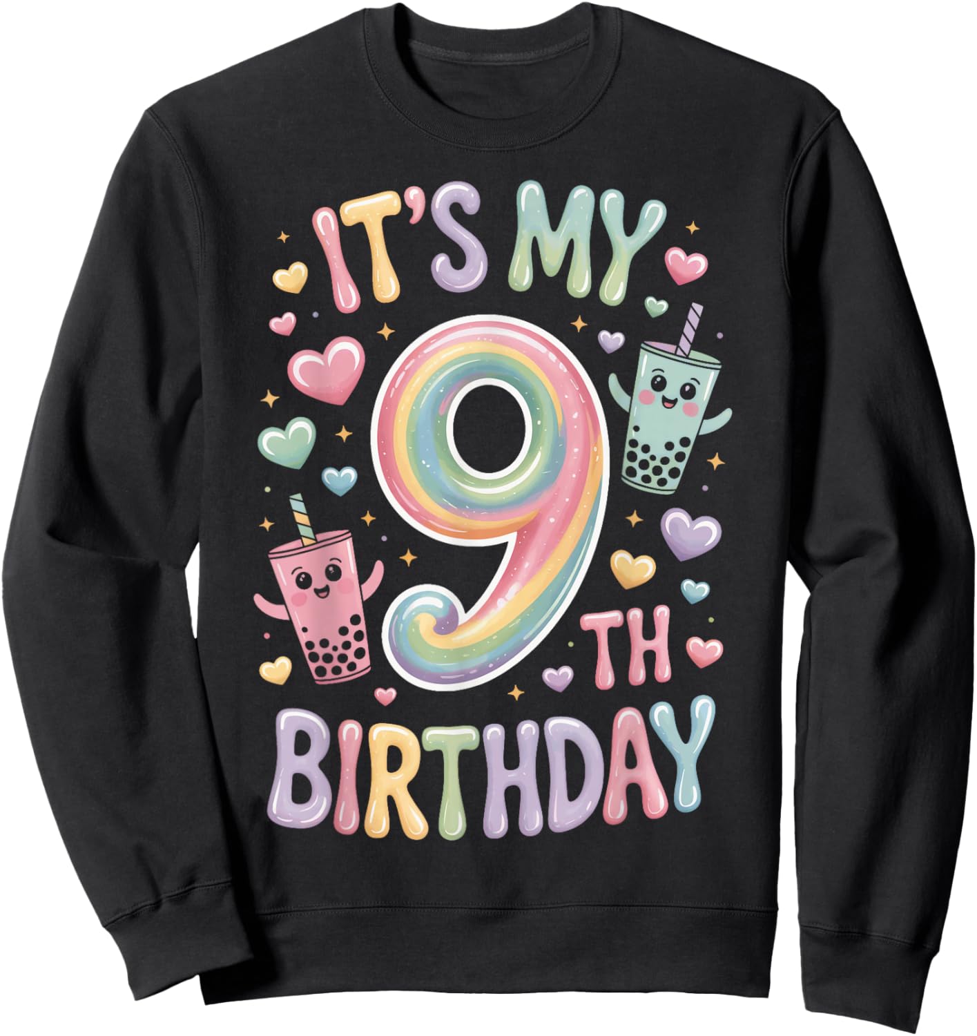 Its My 9th Birthday Boba Tea Lovers 9 Year Old Party Sweatshirt - Sweatshirt | Black