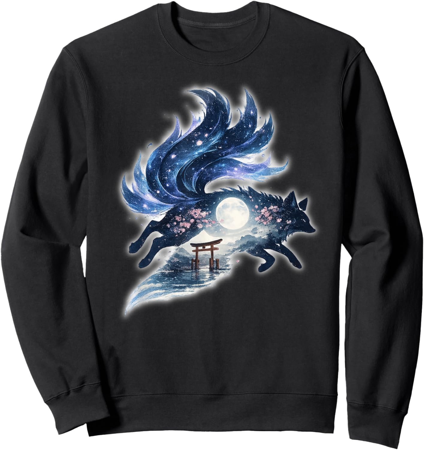 Nine Tailed Fox Kitsune Jumping Japanese Mythology Galaxy Sweatshirt - Sweatshirt | Black
