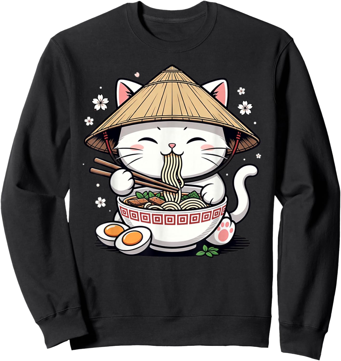 Cute Happy Neko Kitty Eating Ramen Japanese Art Cat Sweatshirt - Sweatshirt | Black