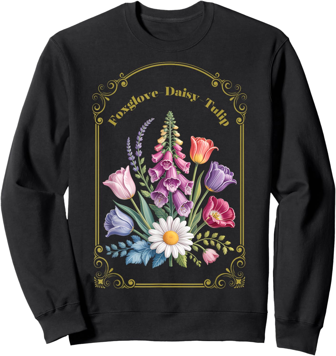 Foxglove Daisy Tulip Vintage Flower Arrangement Sweatshirt - Sweatshirt | Black