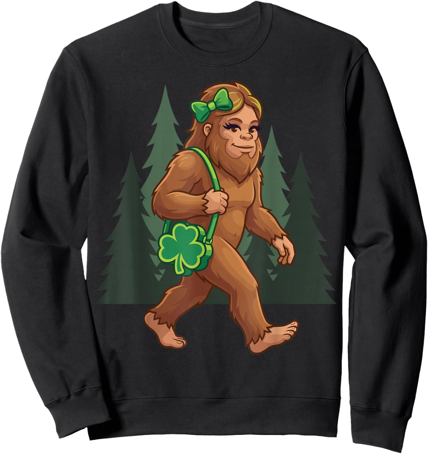 St Patricks Day Girl Bigfoot Sasquatch Shamrock Funny Sweatshirt - Sweatshirt | Black