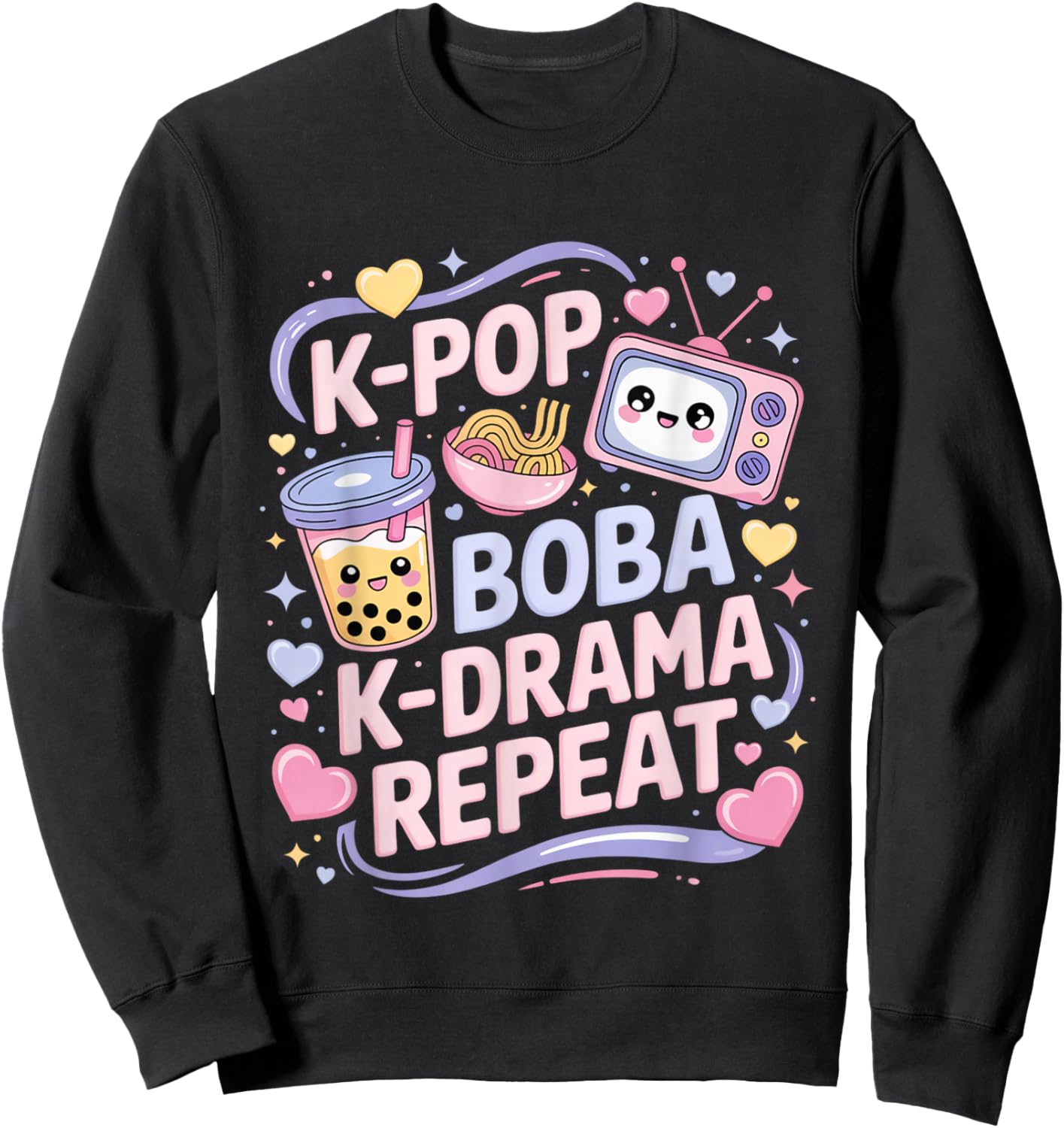 K-Pop Boba K-Drama Repeat K-POP Music Lover Kawaii Korean Sweatshirt - Sweatshirt | Black