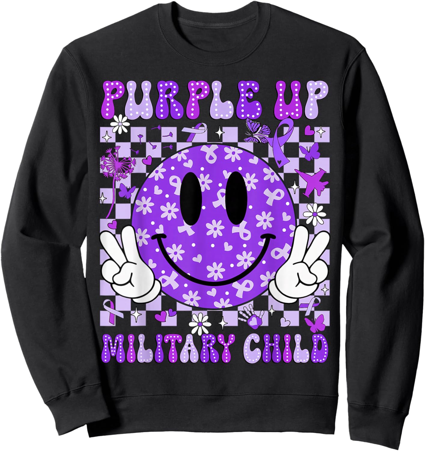 Purple Up Military Child Month Smile Face Women Men Kids Sweatshirt - Sweatshirt | Black