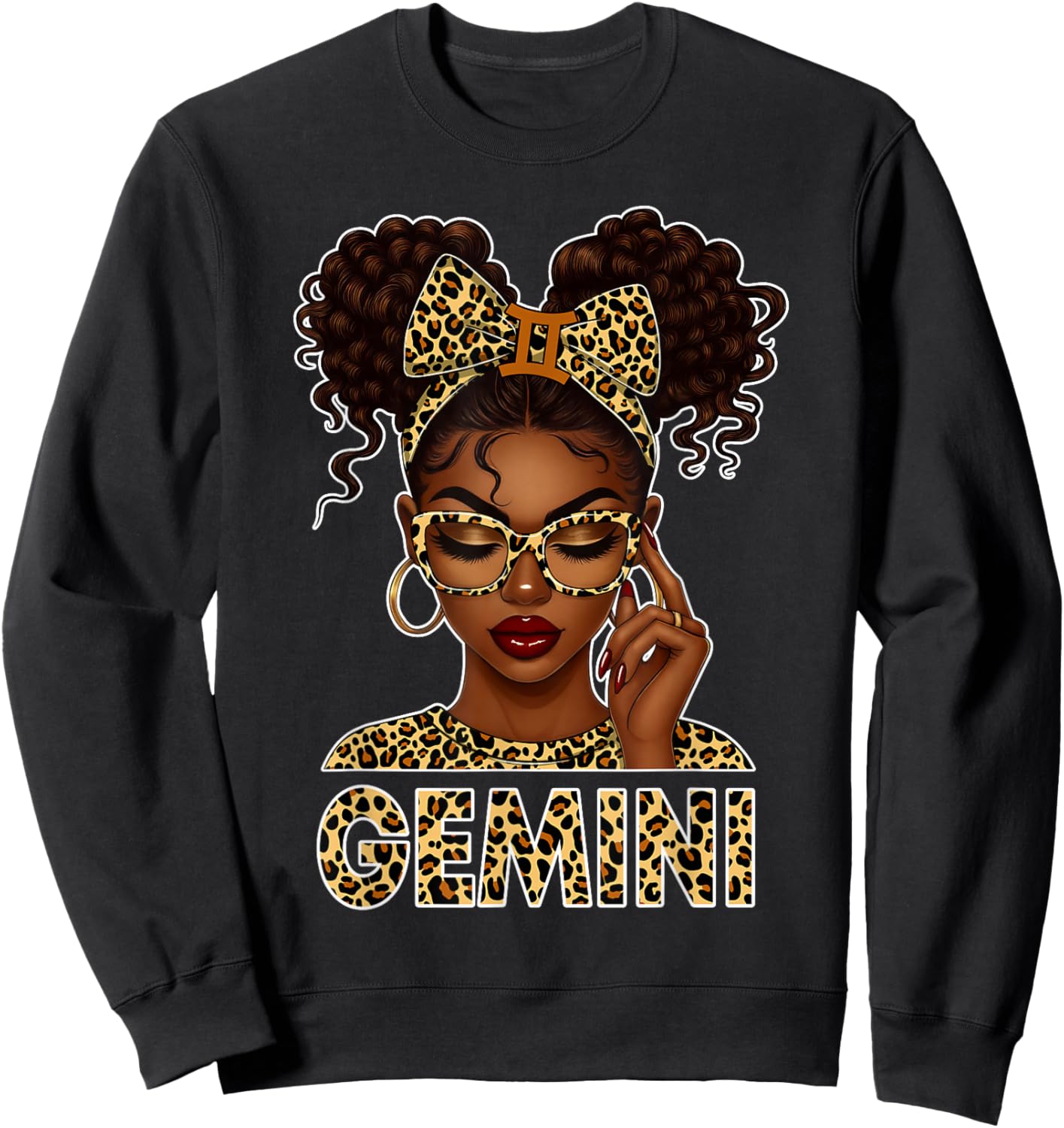 Gemini Woman Black Girl Leopard Bow Zodiac Birthday Sweatshirt - Sweatshirt | Black