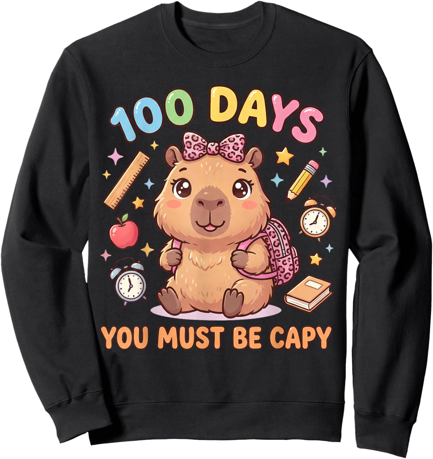 100 Days of School Girls Capybara with Leopard Bow Kids Sweatshirt - Sweatshirt | Black