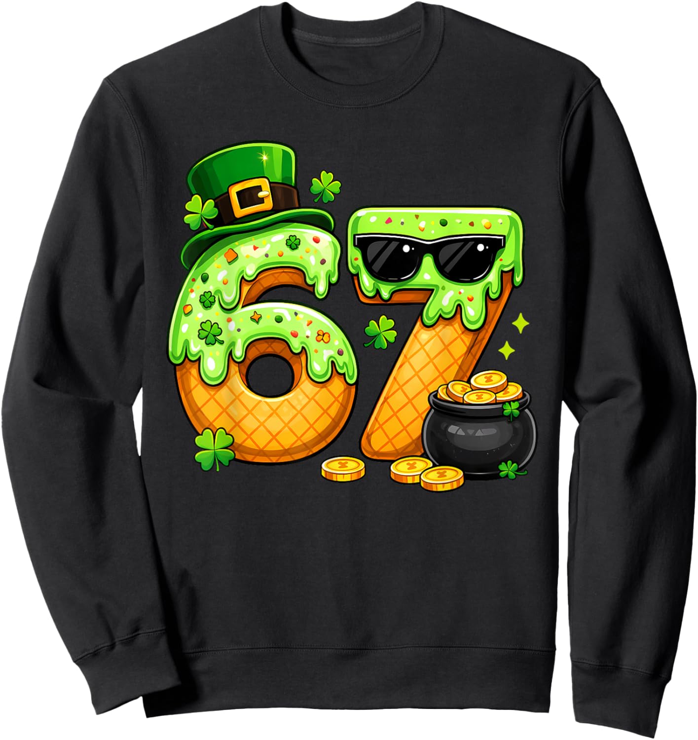 67 Six Seven St Patrick’s Day Shamrock Ice Cream Drip Kids Sweatshirt - Sweatshirt | Black