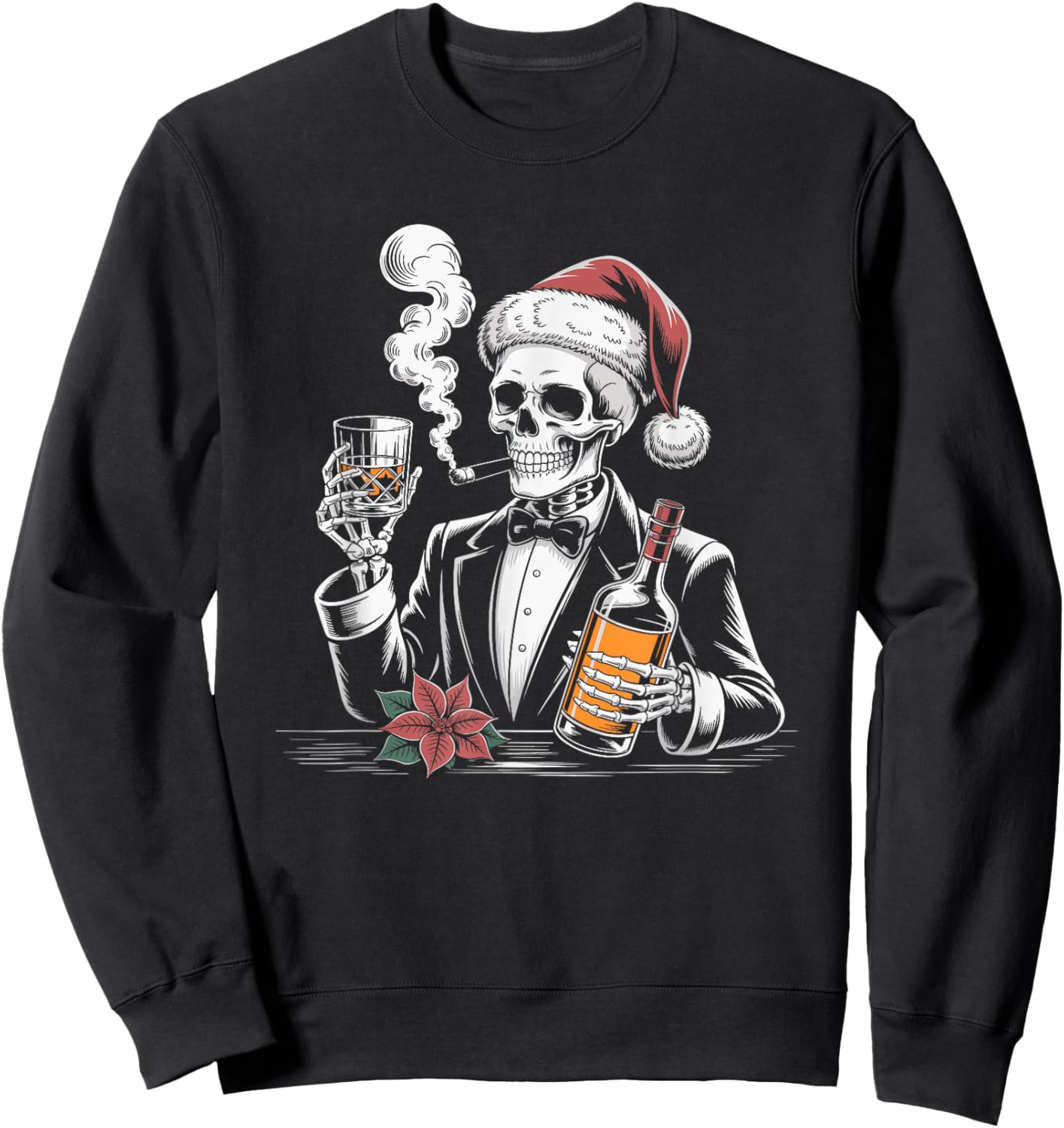 Skeleton Whiskey Christmas Cigar and Whiskey Lovers Sweatshirt - Sweatshirt | Black