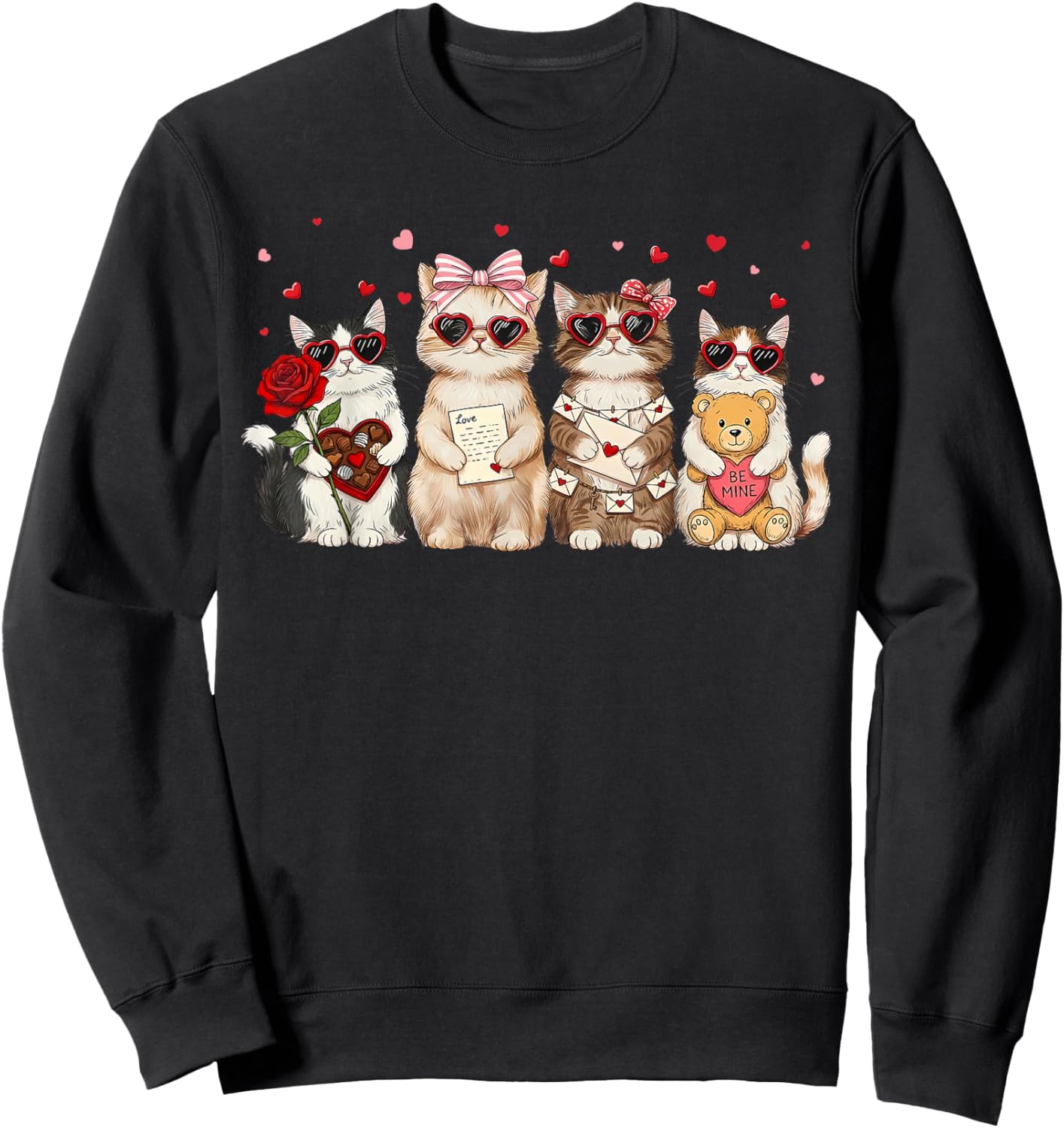 Happy Meowentines Cute Cupid Cat Heart Glasses Coquette Bow Sweatshirt - Sweatshirt | Black