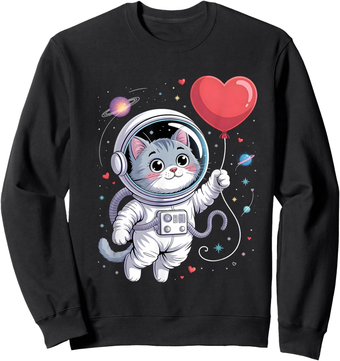 Cute Astronaut Cat Valentine Galaxy Romance Space Style Love Sweatshirt - Sweatshirt | Black