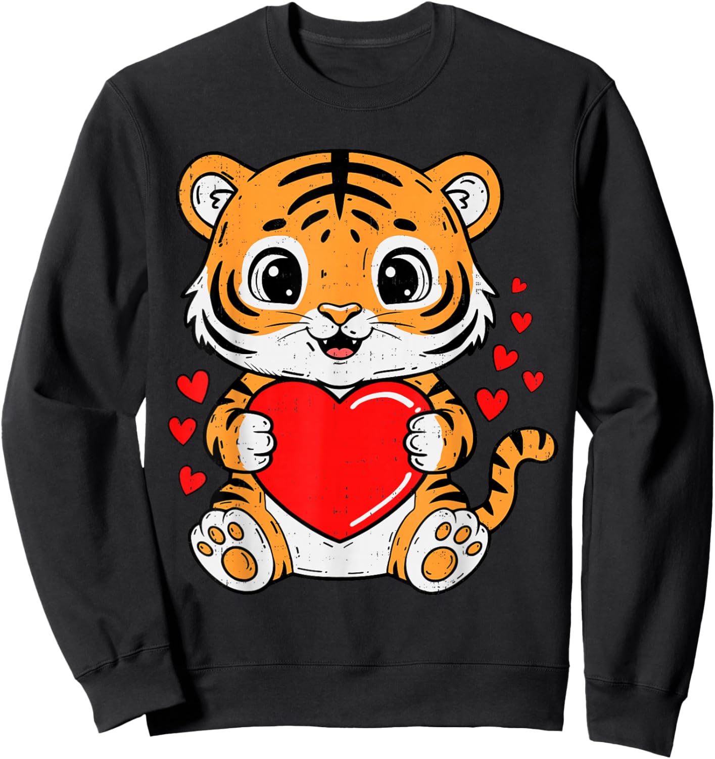 Cute Tiger Holding Heart Kawaii Valentines Day Men Women Kid Sweatshirt - Sweatshirt | Black