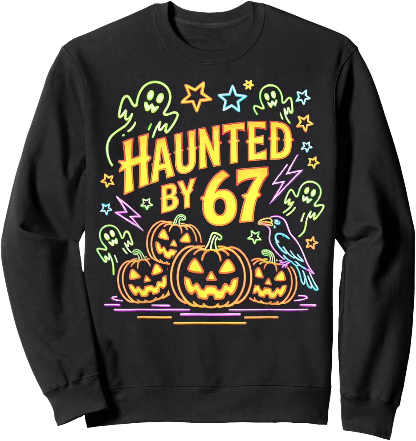 Haunted by 67 Funny Ghost and Pumpkin Halloween Sweatshirt - Sweatshirt | Black