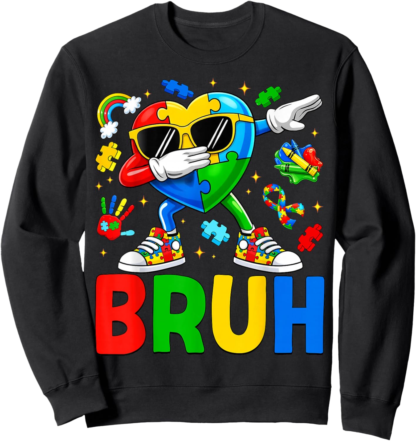 Autism Awareness Bruh Dabbing Heart Puzzle Autistic Boy Kids Sweatshirt - Sweatshirt | Black