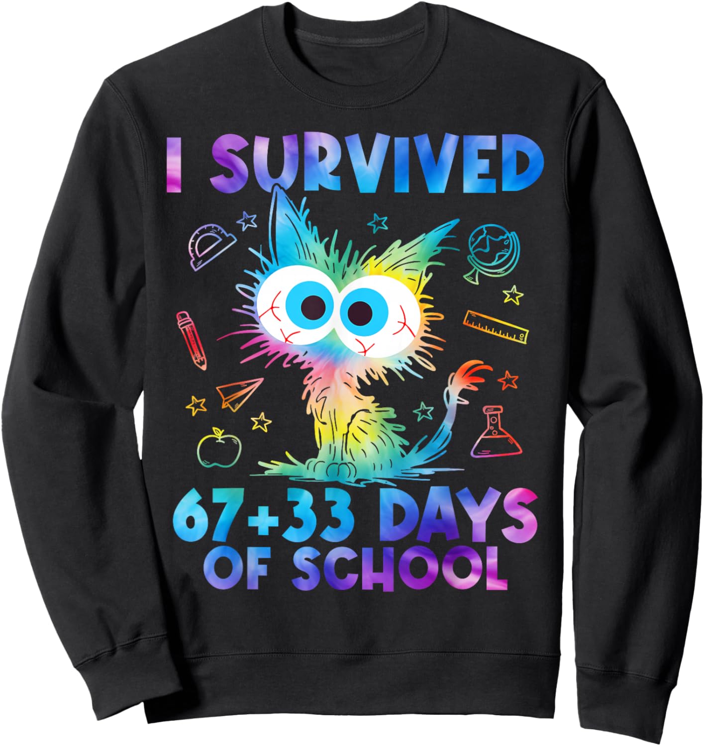 I Survived 67+33 Days of School Funny Cat 100th Day Teacher Sweatshirt - Sweatshirt | Black