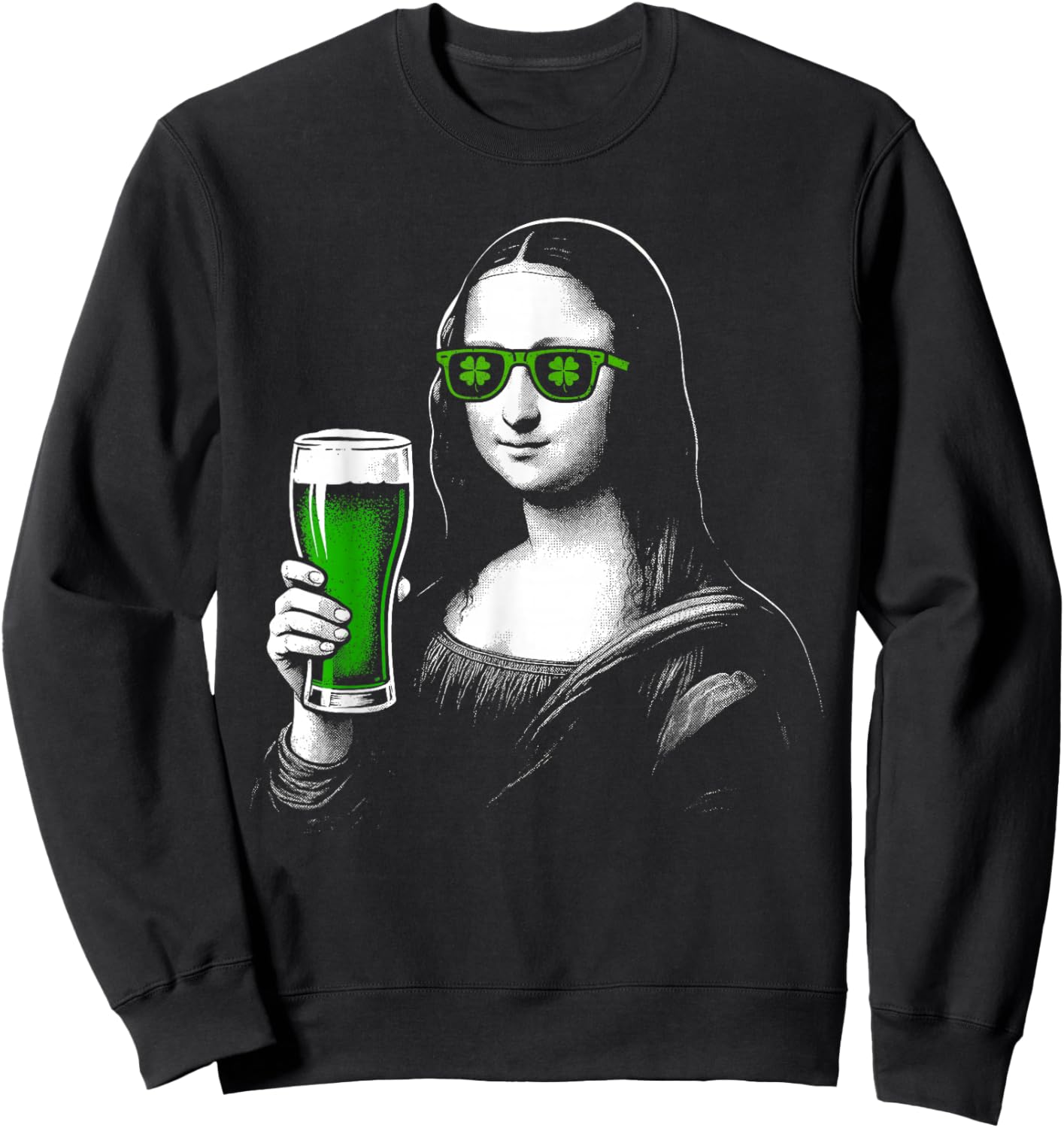 Mona Lisa St Patty's Shamrock Beer Funny St Patrick's Day Sweatshirt - Sweatshirt | Black