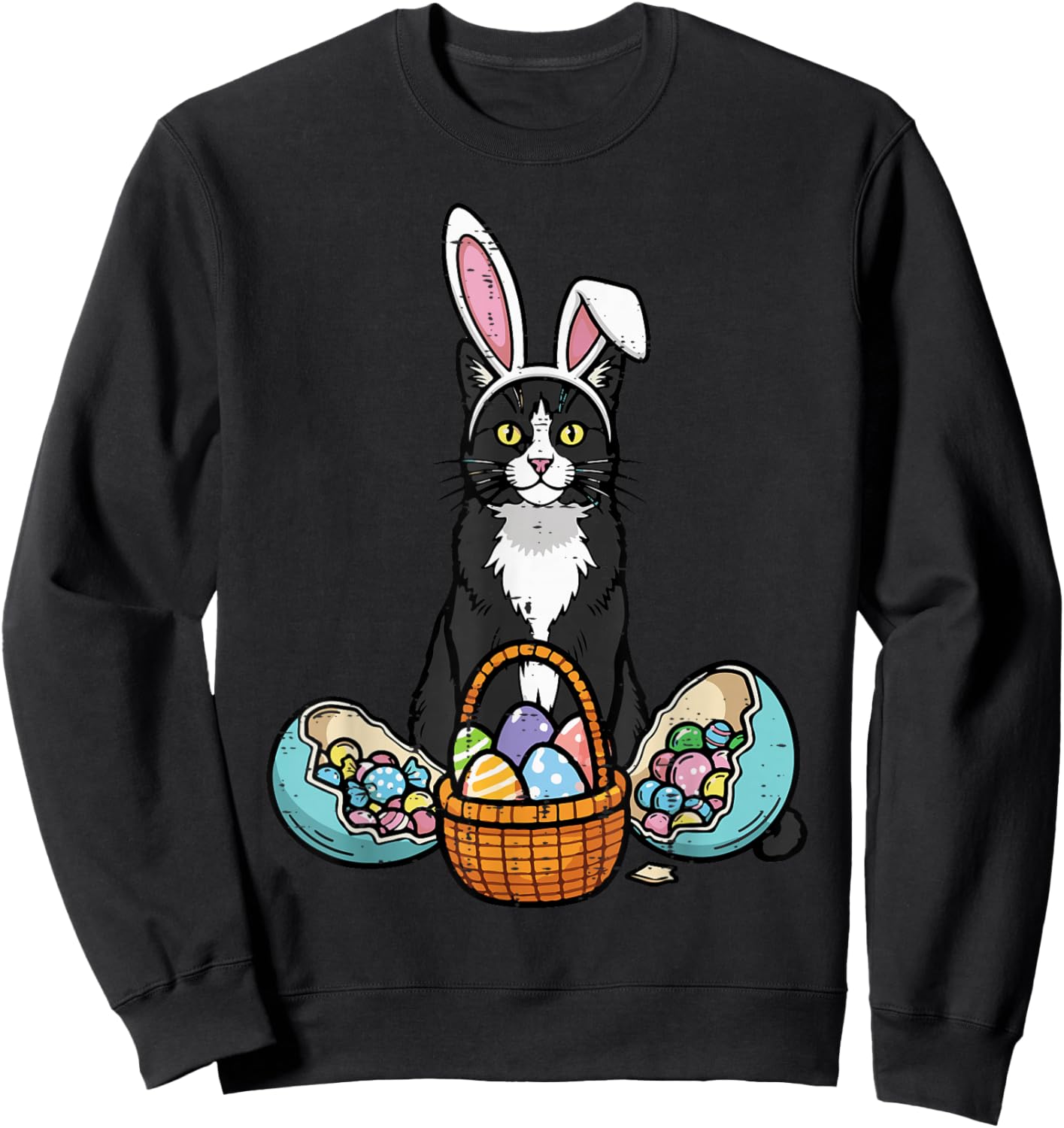 Easter Tuxedo Cat Bunny Ears Eggs Kitten Women Girls Kids Sweatshirt - Sweatshirt | Black