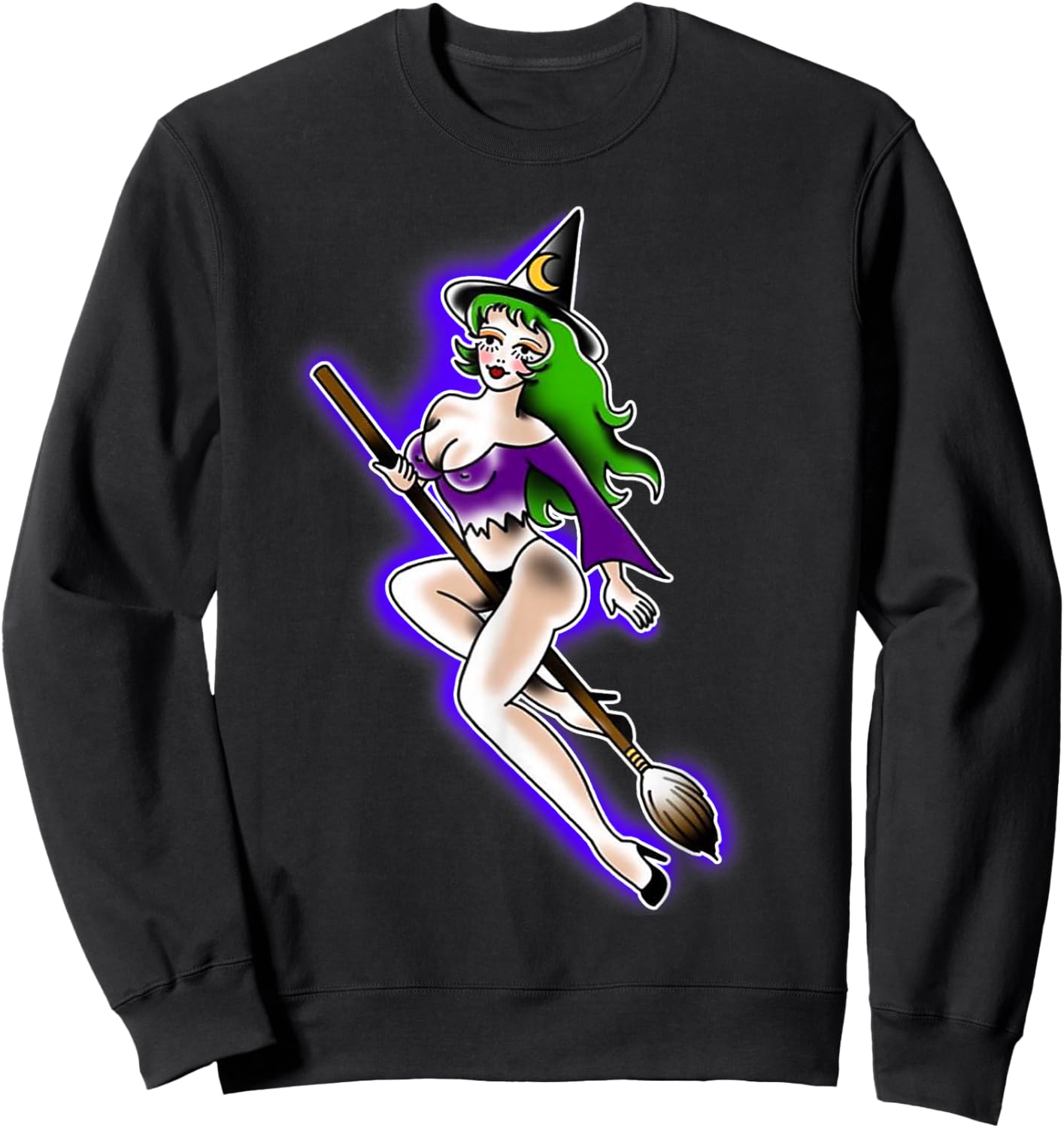 Witch Girl Riding Broom Cute Pin-Up Tattoo Sweatshirt - Sweatshirt | Black