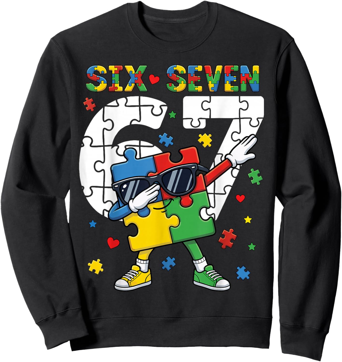 67 Autism Awareness Puzzle Dabbing Six Seven Autism 67 Sweatshirt - Sweatshirt | Black