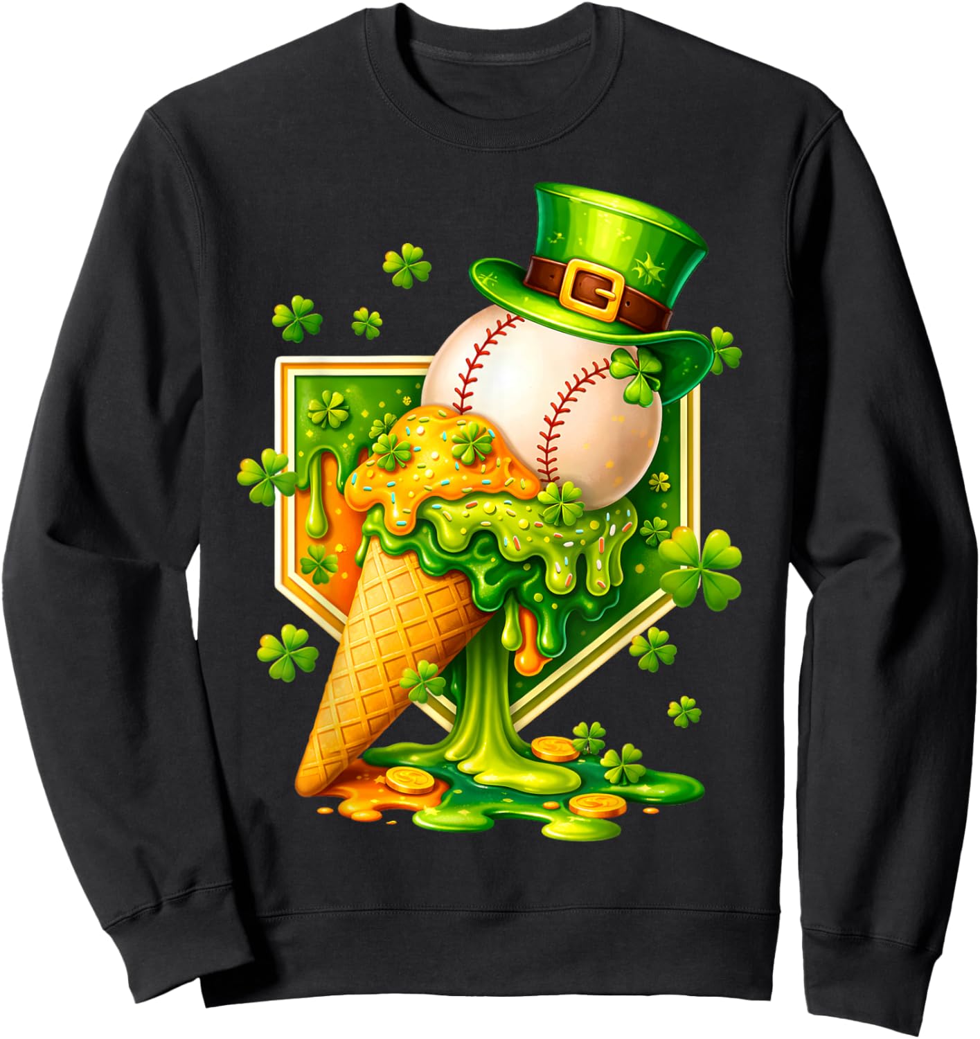 Drip Ice Cream St Patricks Day Baseball Shamrock Kids Boys Sweatshirt - Sweatshirt | Black