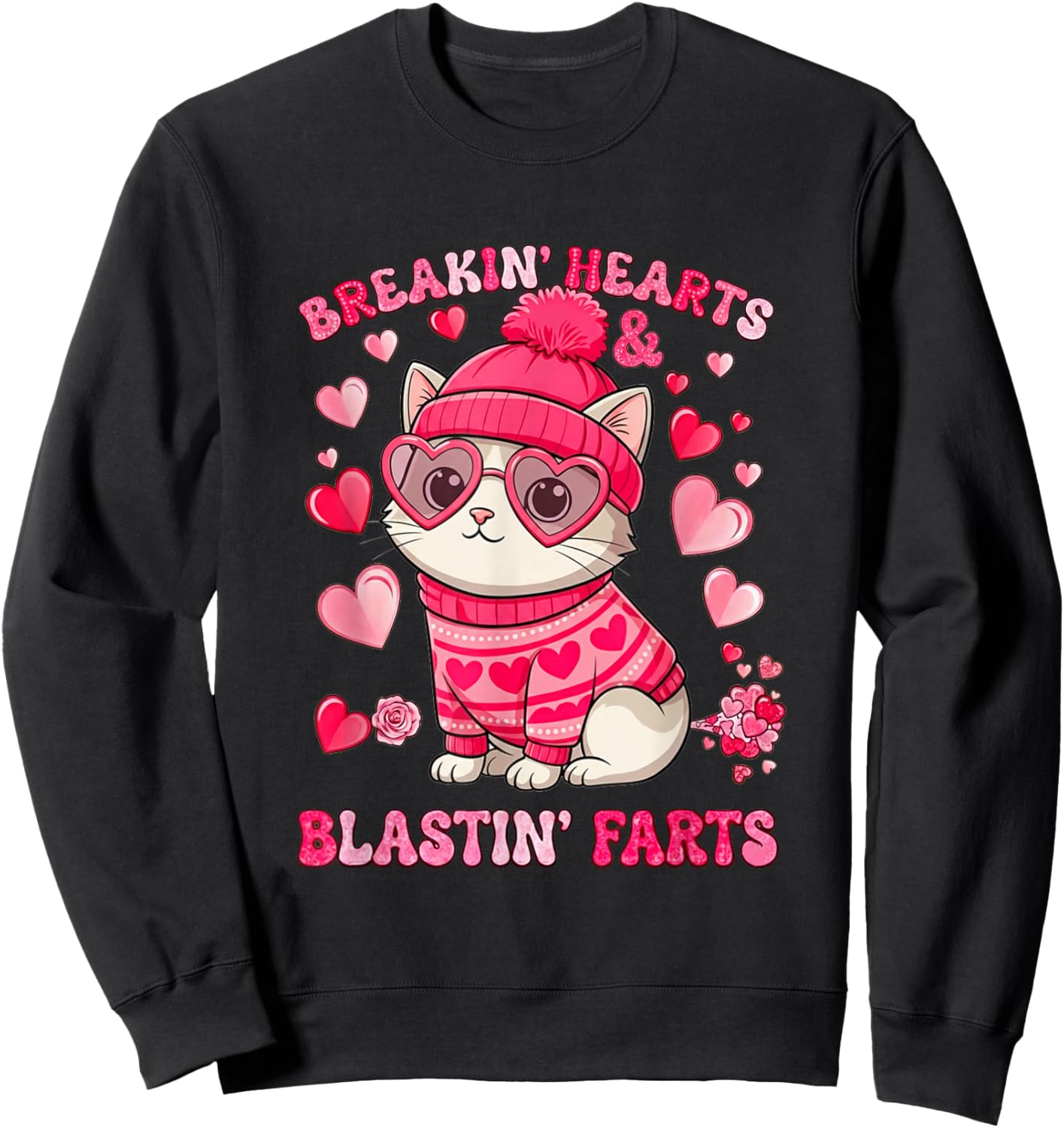 Funny Cat Breaking Hearts Blasting Farts Valentines Day Sweatshirt - Sweatshirt | Black