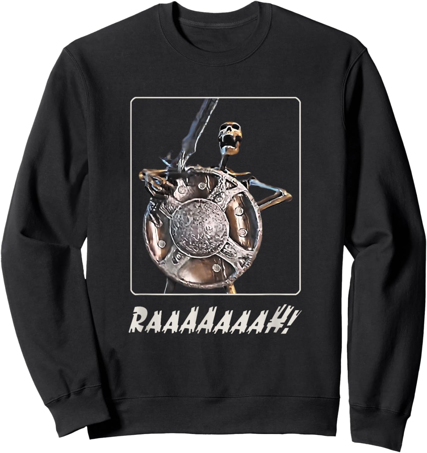 Skeleton Banging Shield Funny Meme Sweatshirt - Sweatshirt | Black