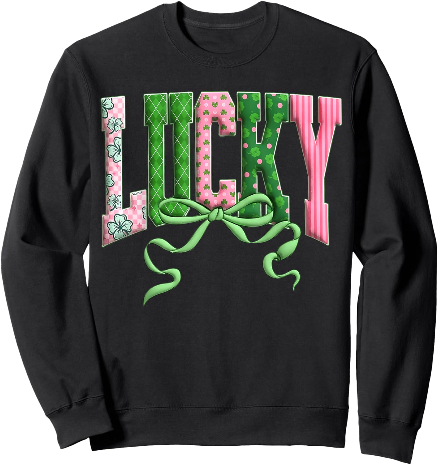 St Patricks Day Lucky Coquette Bow Shamrock Irish Girl Women Sweatshirt - Sweatshirt | Black