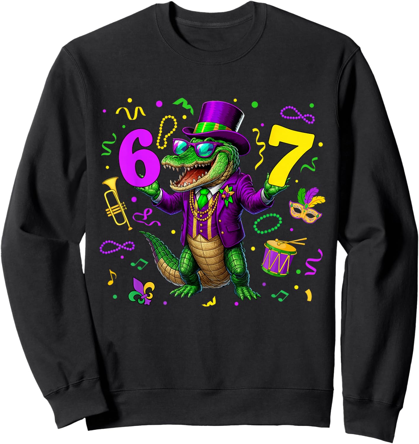 Alligator Six Seven Bruh 6 7 Meme Mardi Gras Carnival Kids Sweatshirt - Sweatshirt | Black