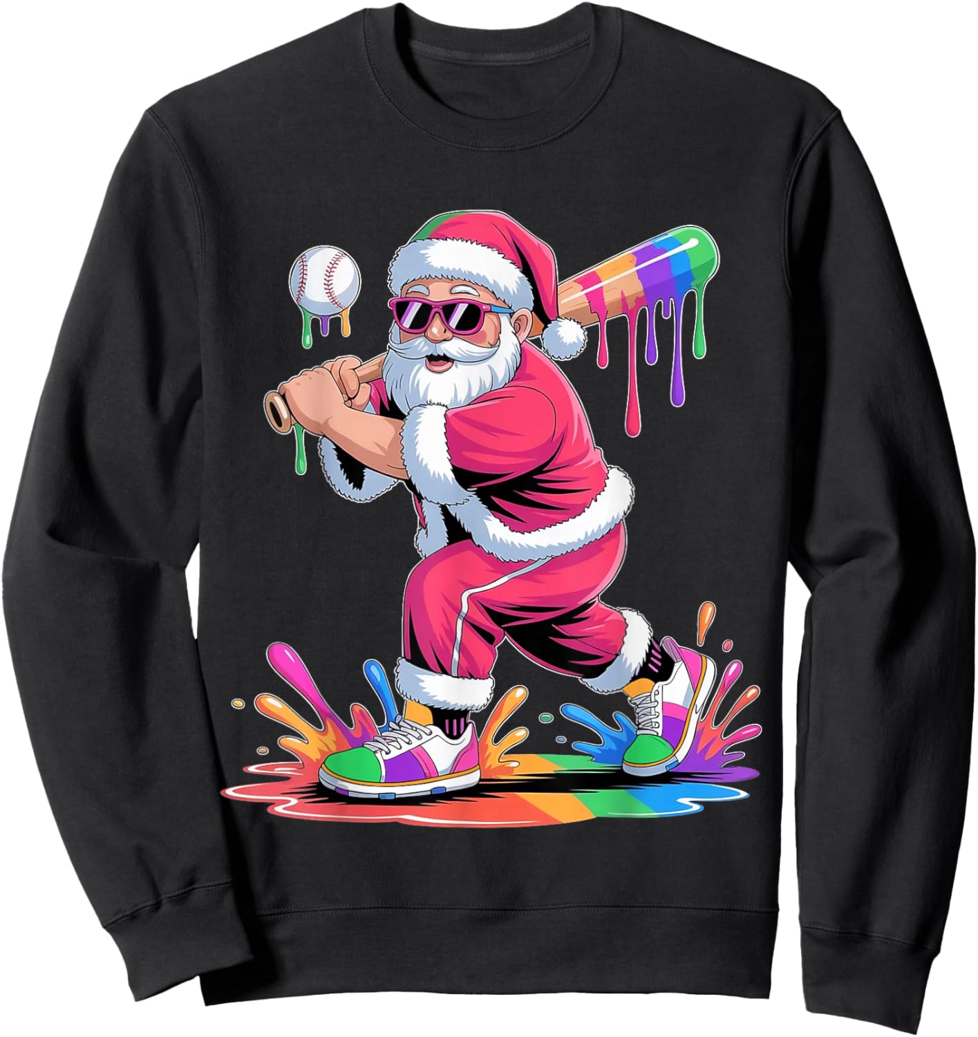 Santa Playing Baseball Ice Cream Dripping Christmas Baseball Sweatshirt - Sweatshirt | Black