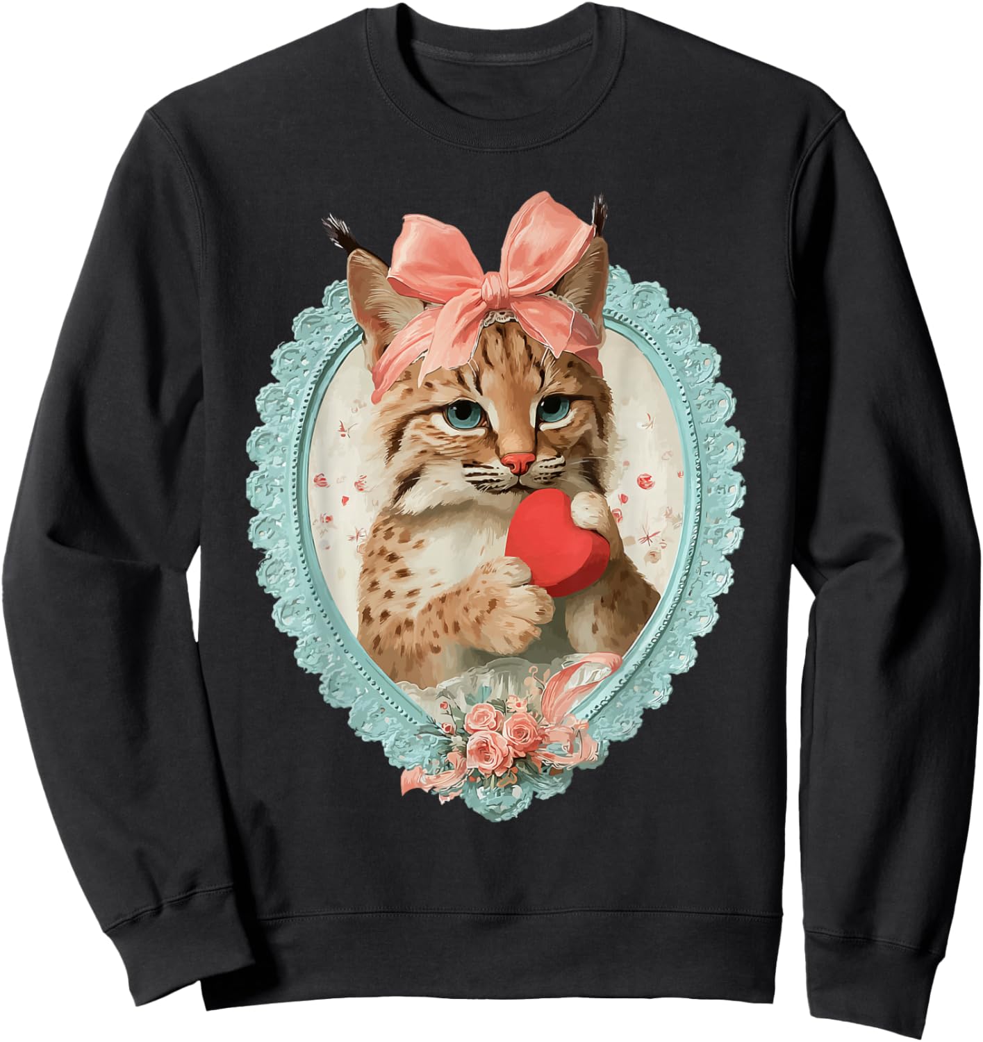 Vintage Valentine Bobcat with Heart Romantic Animal Coquette Sweatshirt - Sweatshirt | Black
