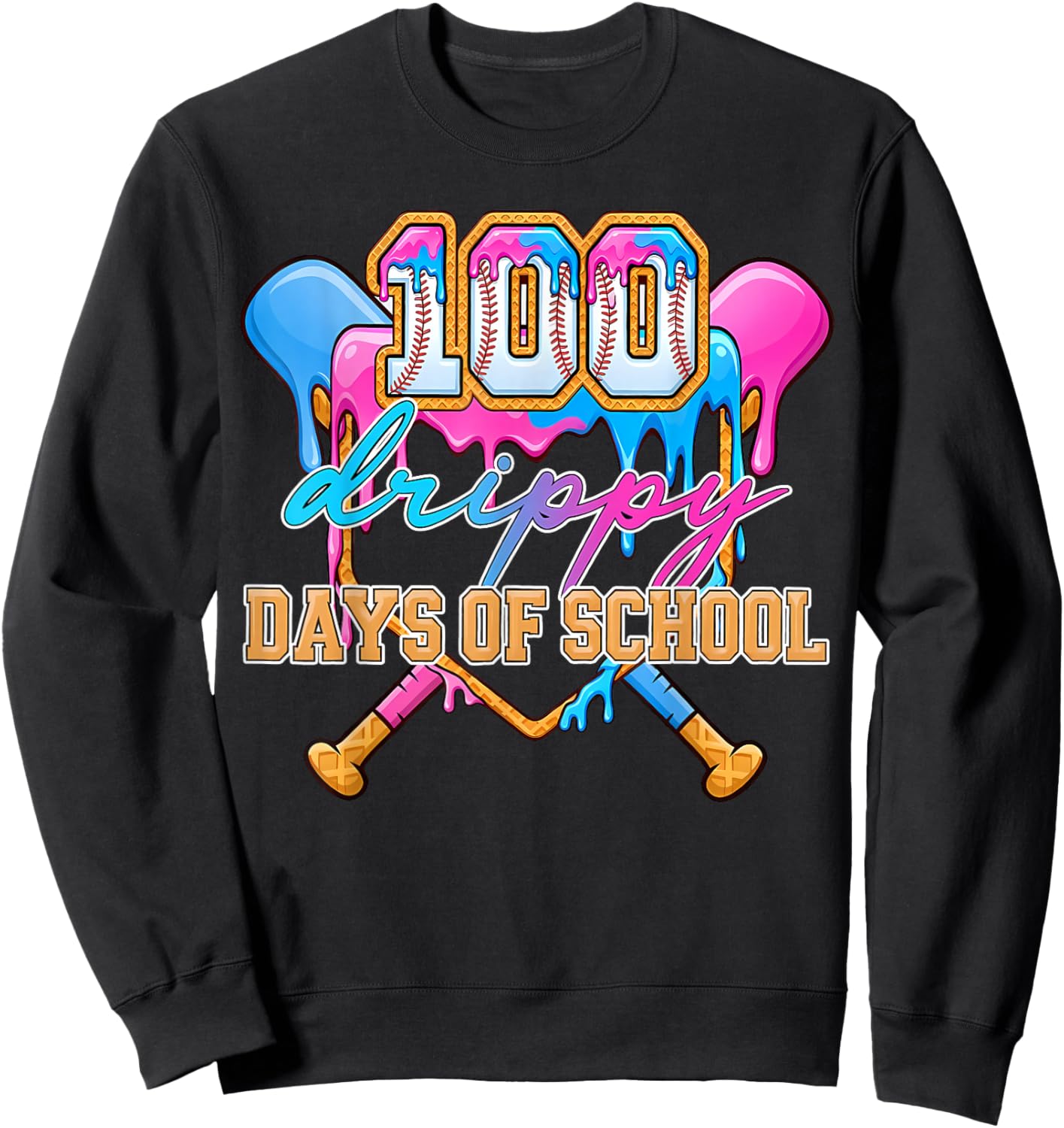 100 Drippy Days of School Baseball Ice Cream Drip Boys Kids Sweatshirt - Sweatshirt | Black