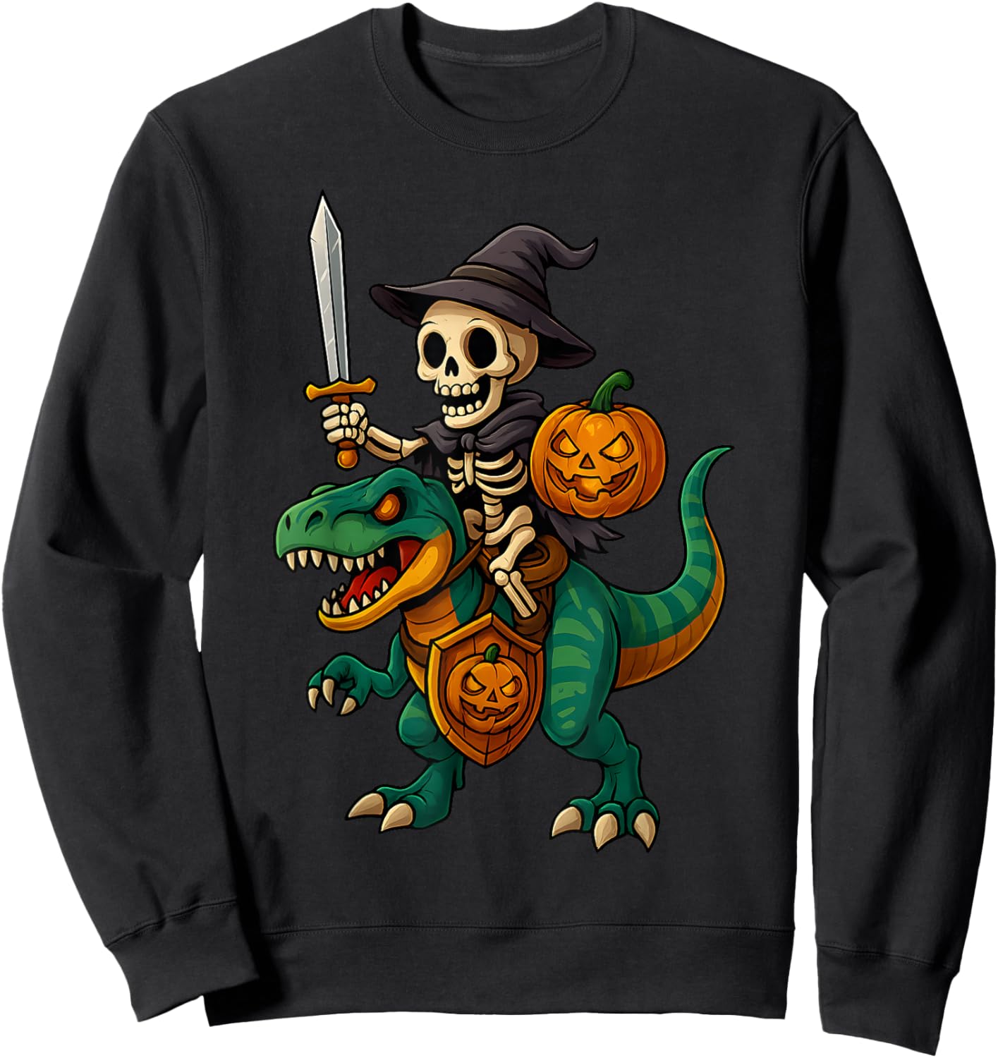 Funny Skeleton Riding T Rex with Sword and Pumpkin Halloween Sweatshirt - Sweatshirt | Black