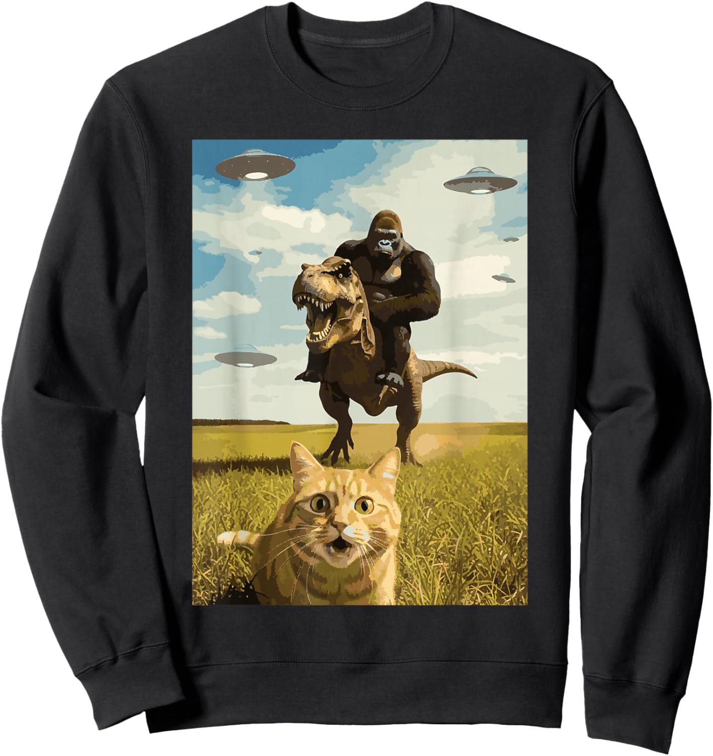Cat Bigfoot On Dino UFO Selfie Funny Sasquatch Trex Meme Kid Sweatshirt - Sweatshirt | Black