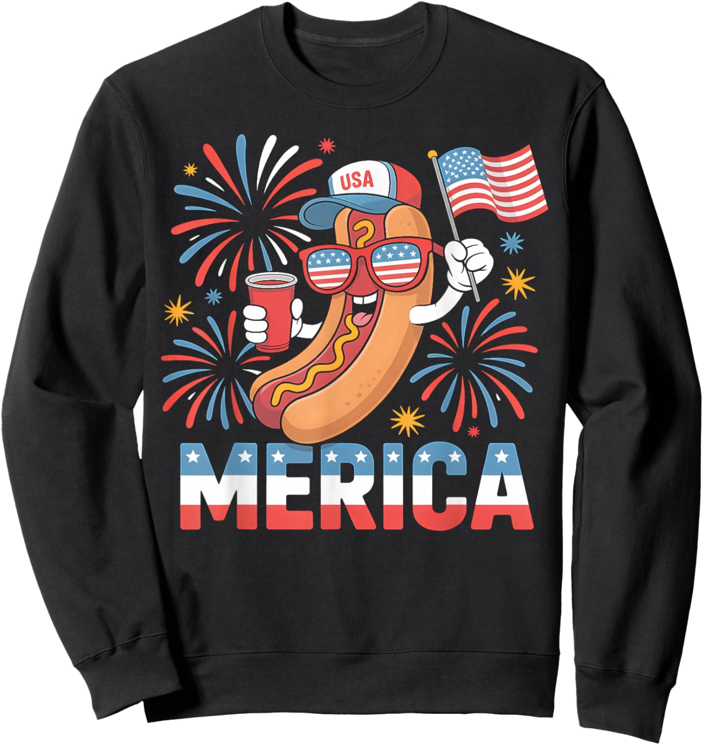 Funny Patriotic Hotdog 'Merica Style 4th of July BBQ Humor Sweatshirt - Sweatshirt | Black