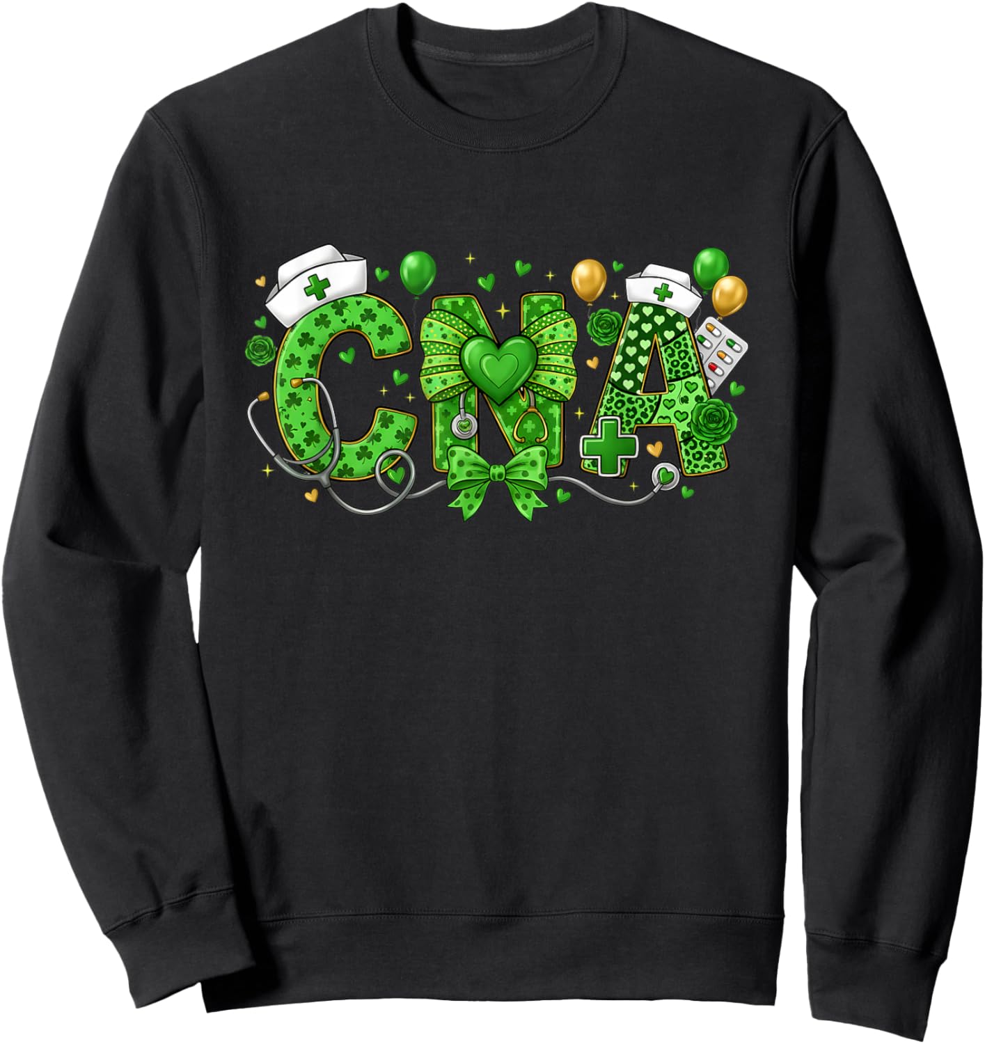 CNA St Patricks Day Coquette Bow Stethoscope Nurse Girls Sweatshirt - Sweatshirt | Black