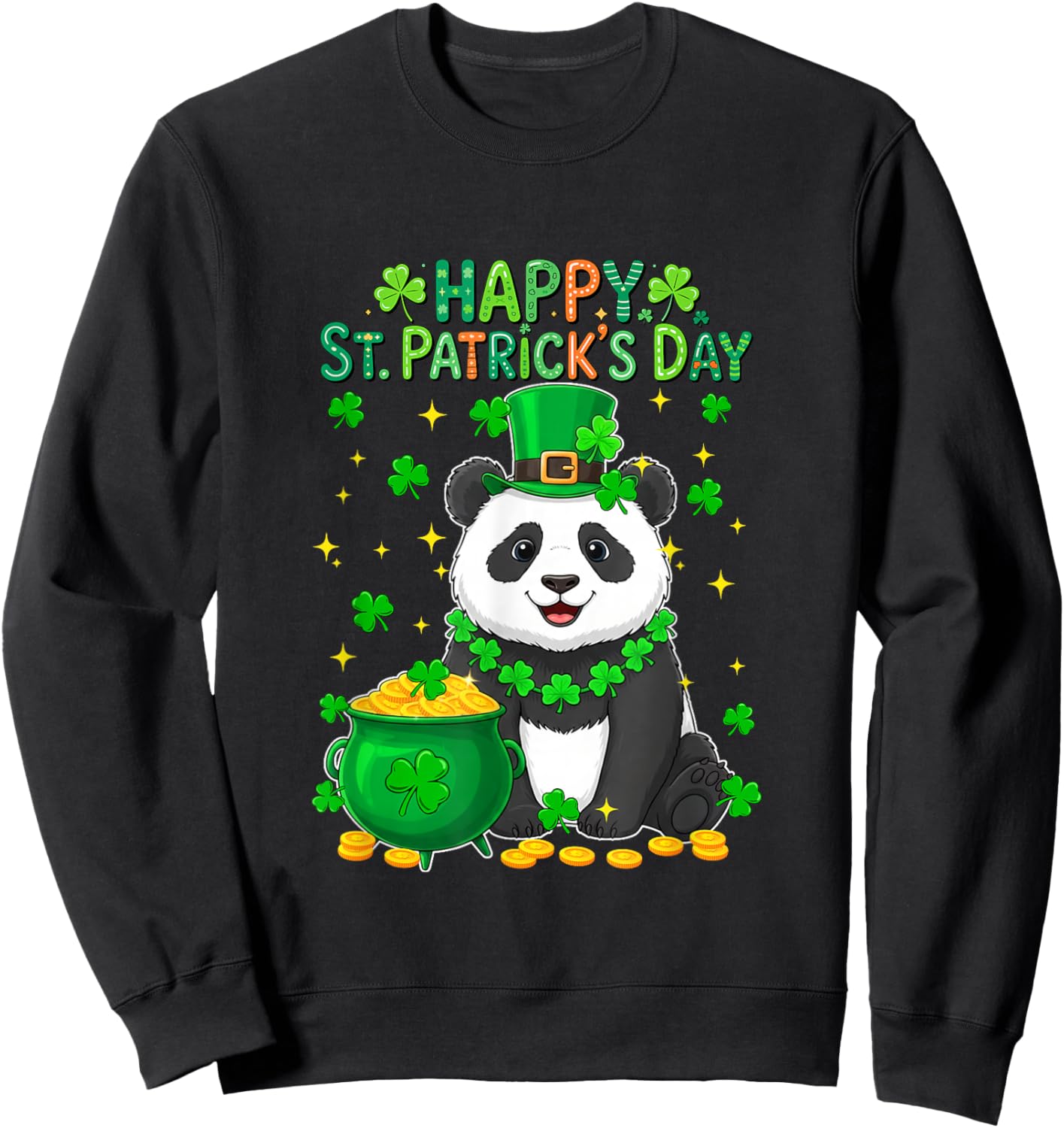 Happy St. Patrick's Day Panda Shamrocks Coins Lover Kids Sweatshirt - Sweatshirt | Black