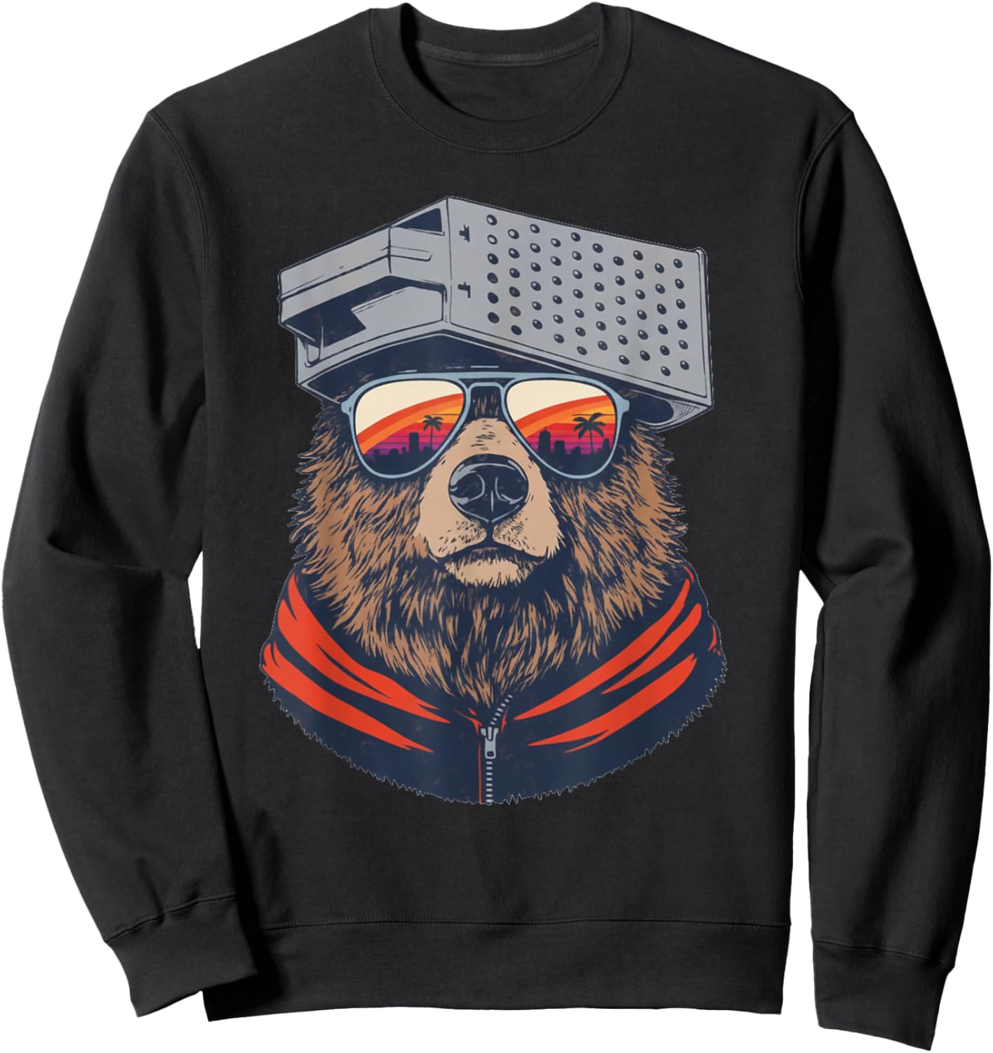 Retro Bear with Cheese Grater Hat and Sunglasses Sunset Art Sweatshirt - Sweatshirt | Black