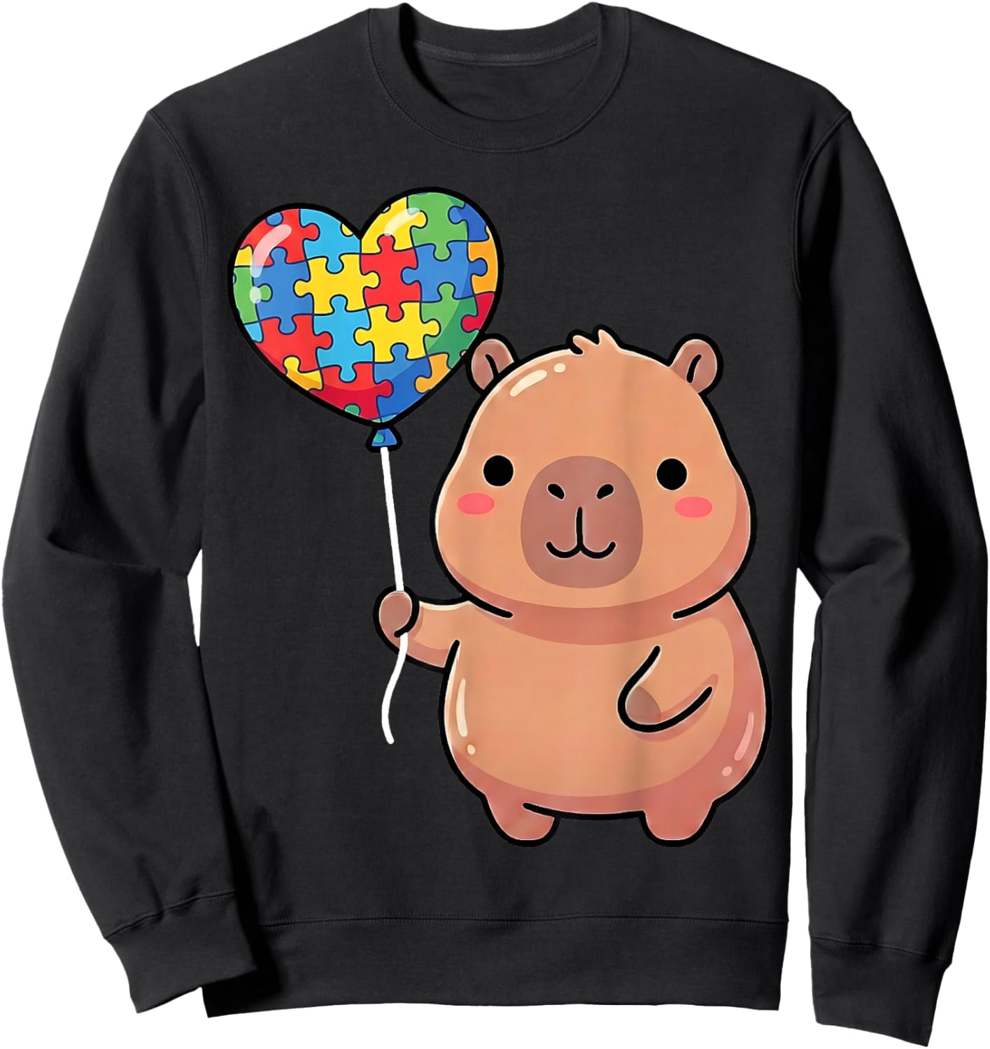 Cute Capybara Holding Heart Puzzle Piece Balloon Kawaii Kids Sweatshirt - Sweatshirt | Black