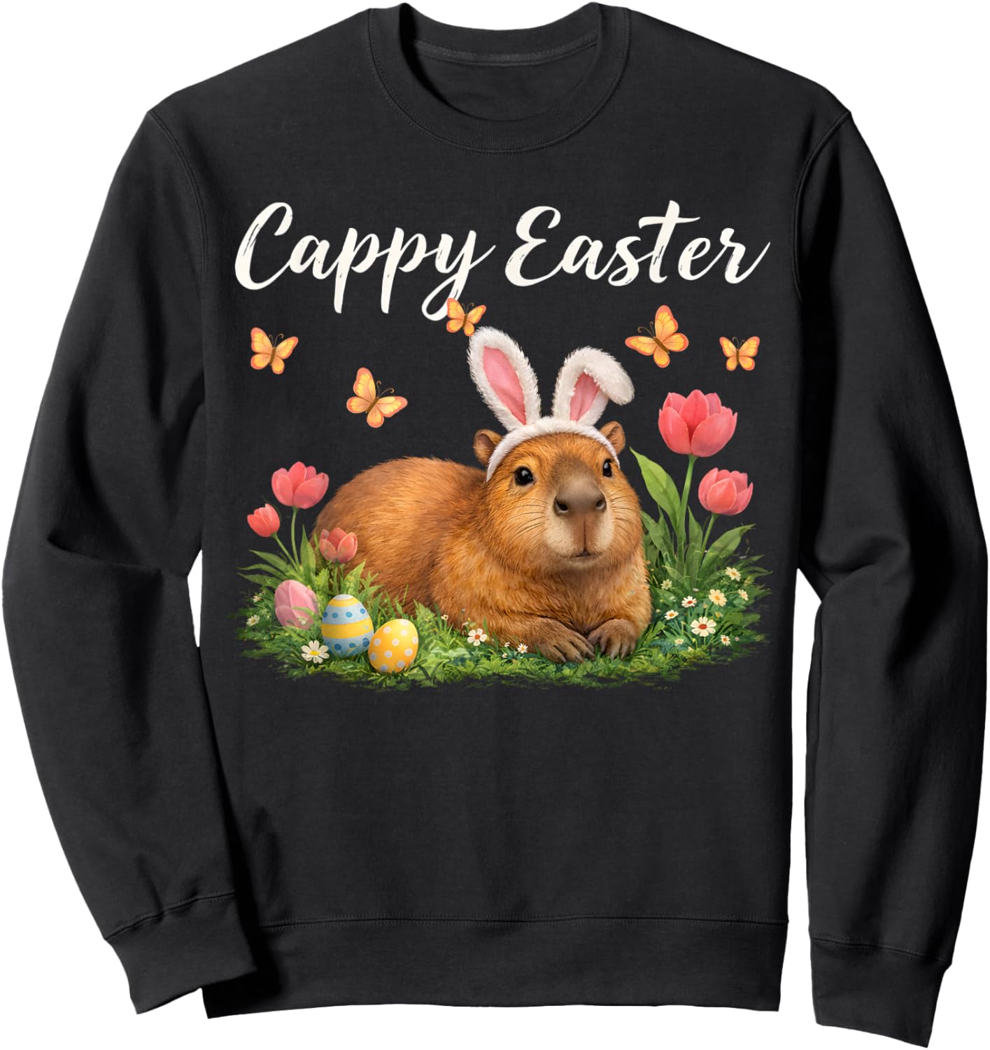Funny Cappy Easter Capybara Easter Bunny Men Women Kids Sweatshirt - Sweatshirt | Black