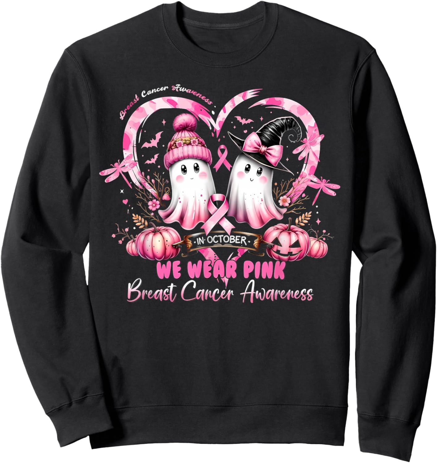 in October We Wear Pink Breast Cancer Heart Dragonflies Sweatshirt - Sweatshirt | Black