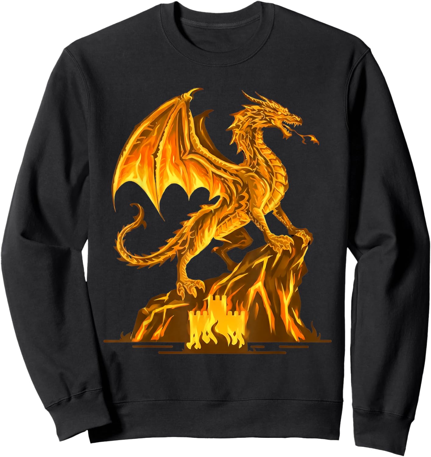 Golden Fire Dragon Fantasy Mythical Creature Mountain Art Sweatshirt - Sweatshirt | Black